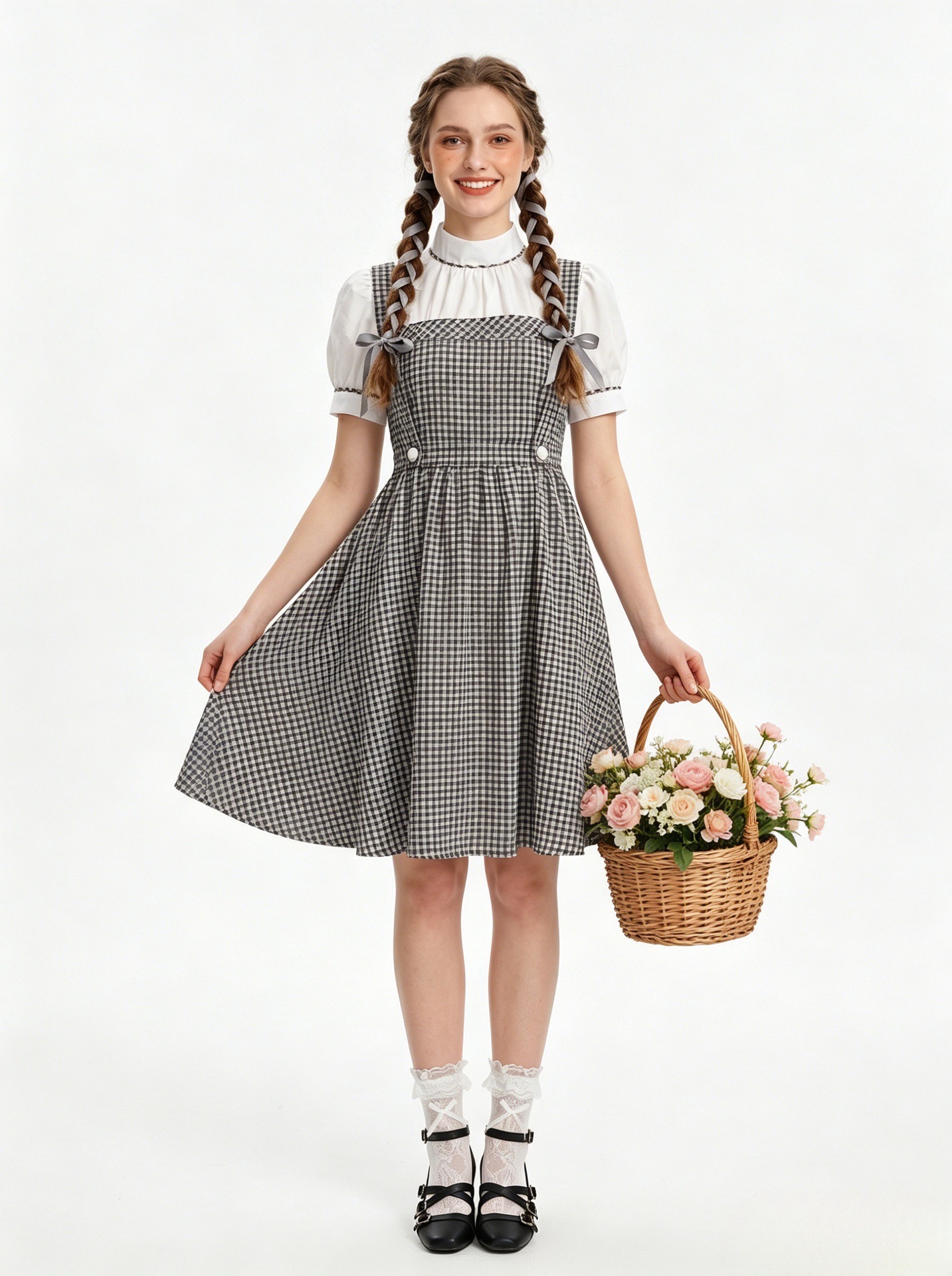Vintage Gingham Farm Girl Pinafore Dress Halloween Student Cosplay Outfit